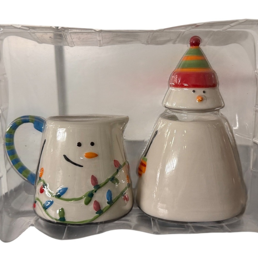 Crate and Barrel Snowman Ceramic Creamer and Sugar Bowl Set Christmas Holiday